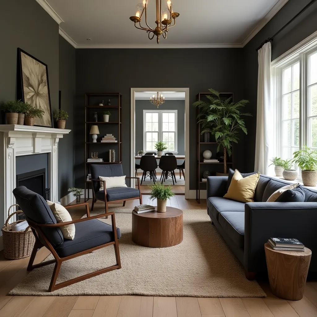 Elegant living room featuring black, brown, and gold accents, with a cozy seating area, stylish wooden furniture, and lush greenery, perfect for inspiring black brown and gold living room ideas.