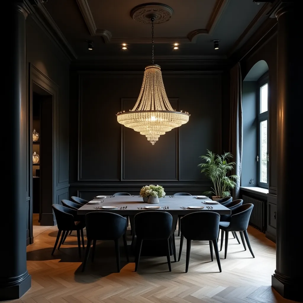 Elegant modern black dining room featuring a luxurious chandelier, sleek black dining chairs, and a sophisticated table setting, perfect for those seeking modern black dining room ideas.