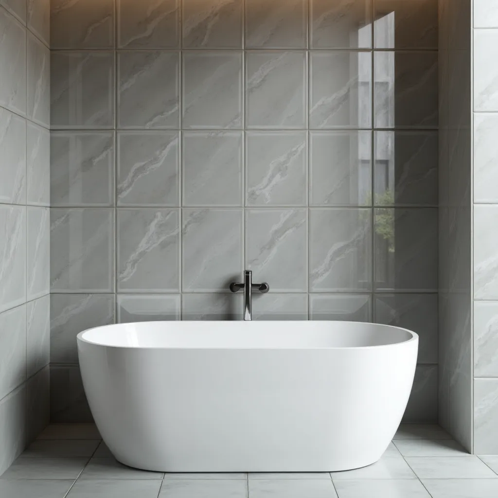 Modern bathroom featuring elegant bathtub wall tile designs ideas with sleek gray tiles and a contemporary freestanding tub, creating a serene and stylish bathing space.