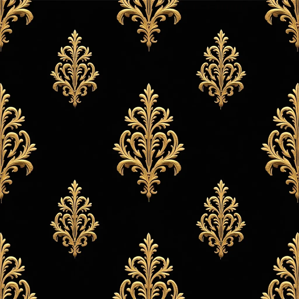 Elegant black and gold damask pattern for luxurious sitting room ideas, featuring intricate gold motifs on a rich black background, perfect for adding a touch of sophistication to your home design.