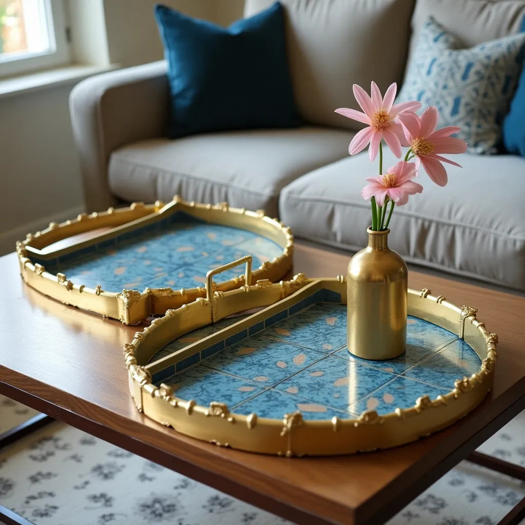 Elegant blue and gold living room decor ideas featuring a stylish coffee table with ornate gold trays and a gold vase holding pink flowers, complemented by plush blue cushions on a beige sofa.