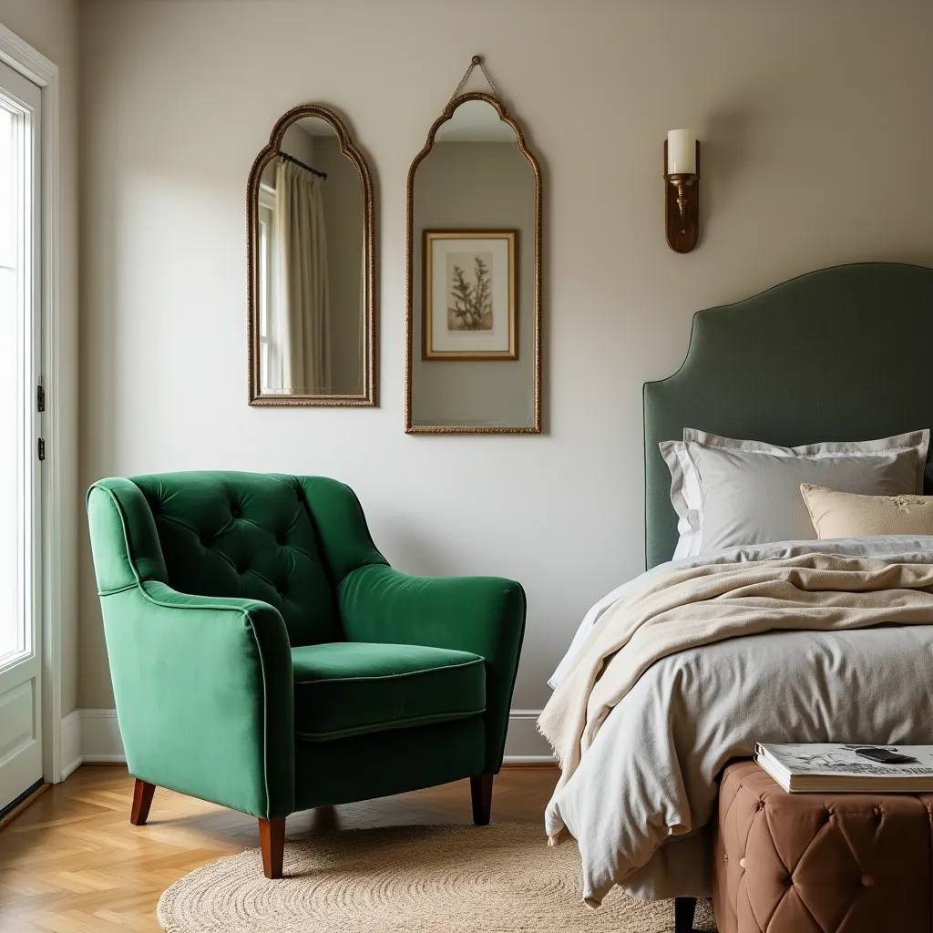 Cozy green boho bedroom featuring a plush green armchair, elegant mirrors, and a stylish bed with a green headboard, creating a serene and inviting atmosphere.