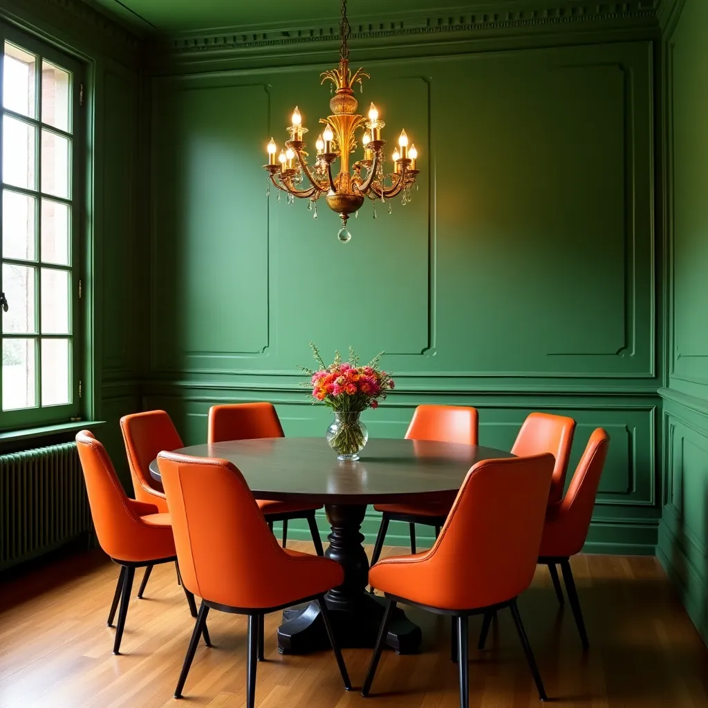 Elegant green and orange room featuring a round dining table with vibrant orange chairs, a classic chandelier, and a vase of fresh flowers, creating a stylish and inviting atmosphere.