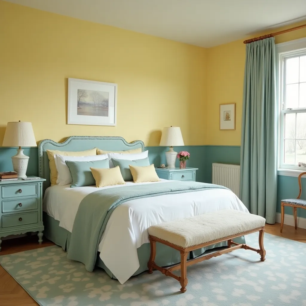 Pastel bedroom ideas featuring a serene space with soft yellow and mint green walls, complemented by matching bedding and curtains. The room includes elegant bedside tables, classic lamps, and a cozy bench, creating a tranquil and inviting atmosphere.