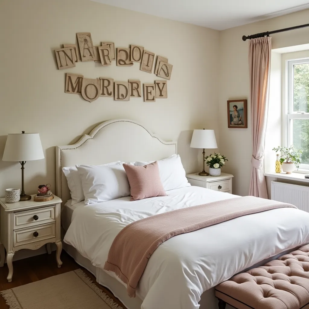 Cozy cottage bedroom featuring a plush bed with soft pink accents, elegant bedside tables with classic lamps, and a charming window view, creating a warm and inviting atmosphere perfect for relaxation.