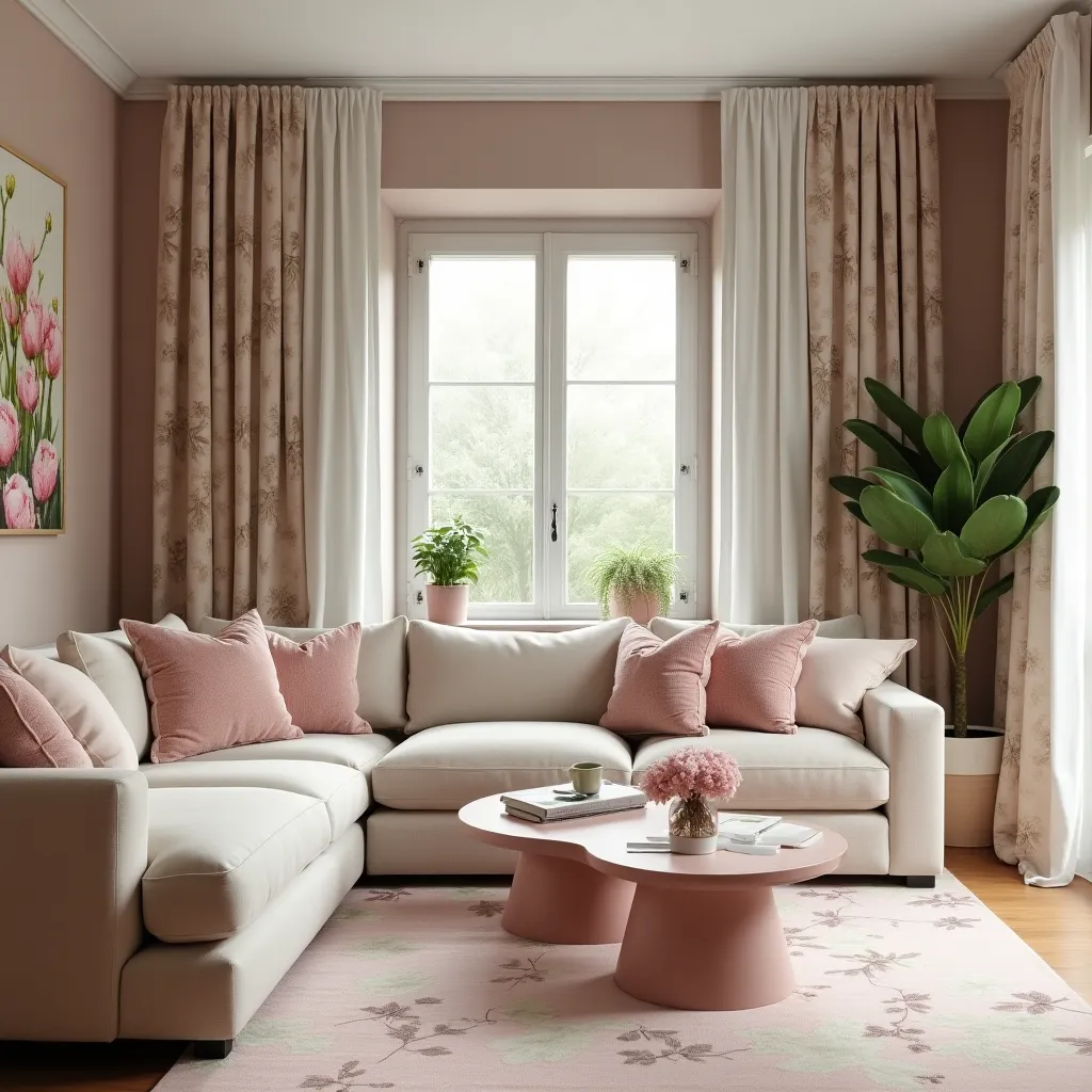 A stylish pink and green living room featuring a cozy white sectional sofa adorned with pink cushions, a modern pink coffee table, and lush green plants by the window, creating a serene and inviting atmosphere.