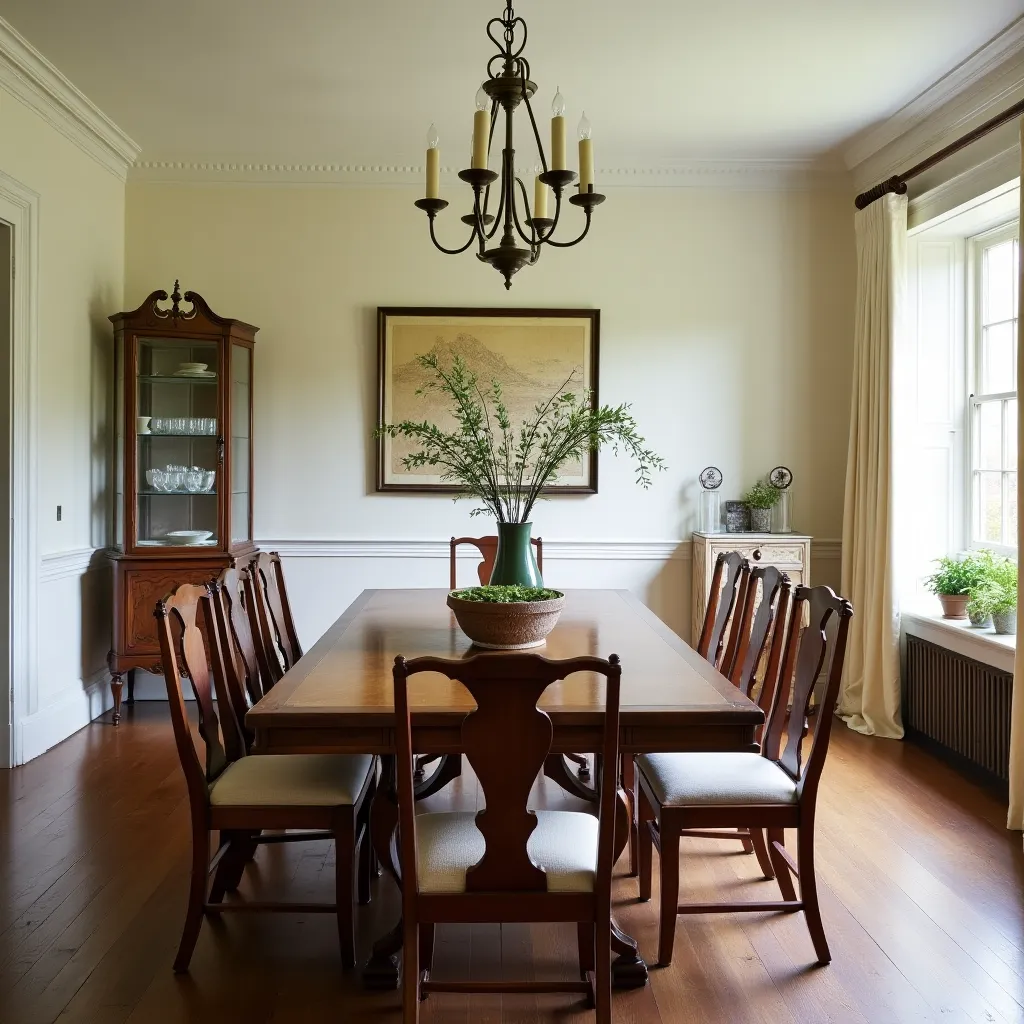 Elegant classic dining room featuring a wooden table with matching chairs, a vintage chandelier, and a glass cabinet, perfect for those seeking classic dining room ideas. The room is adorned with a large window allowing natural light, enhancing the traditional decor with a touch of greenery.