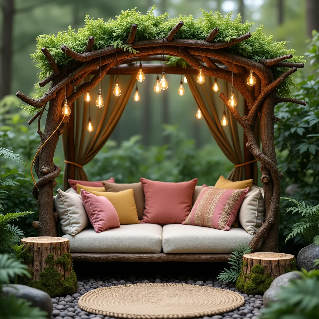 Cozy outdoor lounge nook with pergola ideas featuring a rustic wooden structure adorned with lush greenery and ambient string lights, complemented by a comfortable sofa with colorful cushions, creating a serene retreat in a forest setting.