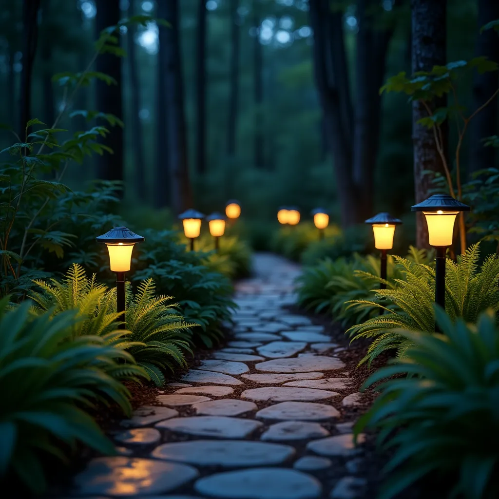 A beautifully illuminated stone pathway in a lush garden setting, showcasing creative lighting pathways with solar lights ideas, perfect for enhancing outdoor ambiance and energy efficiency.