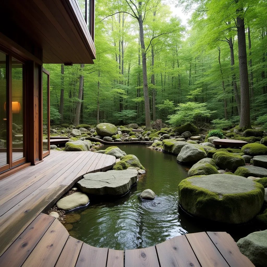 A serene forest setting featuring a zero-waste decking design, seamlessly integrating natural wood with moss-covered stones around a tranquil pond, exemplifying sustainable outdoor living ideas.