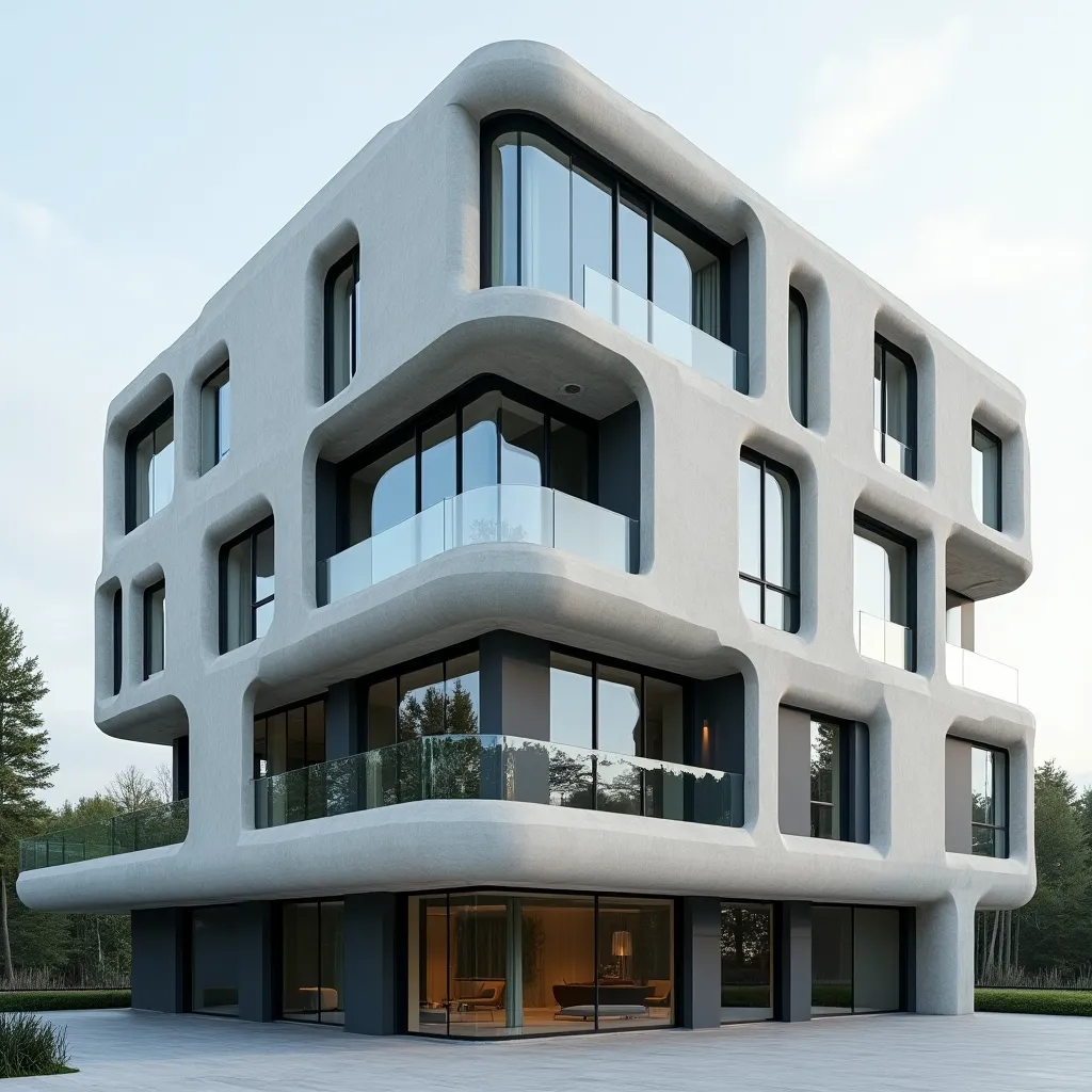 Modern architectural building showcasing innovative kinetic facade elements exterior ideas, featuring smooth, curved lines and large glass windows for a contemporary design.