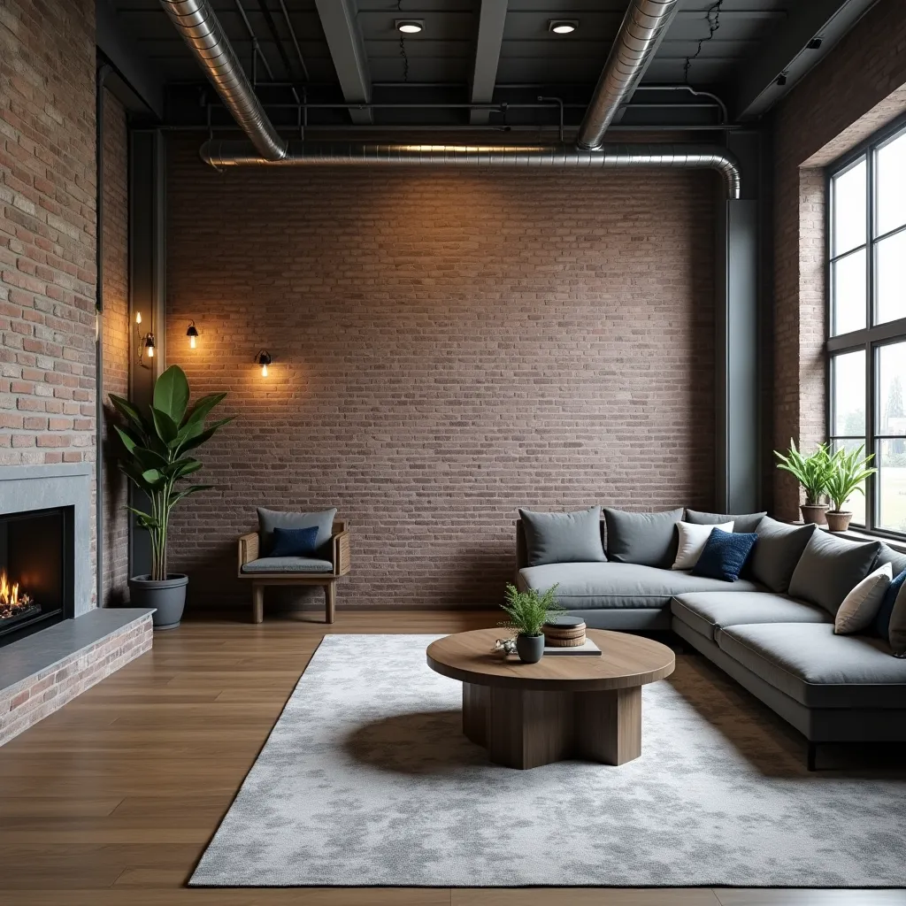 Modern living room featuring a stylish gray sectional sofa, complemented by a cozy fireplace and industrial brick walls, showcasing elegant rooms decorated in gray ideas.