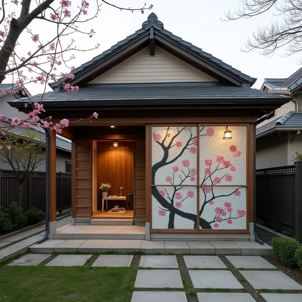 Charming small house with a solar mosaic facade featuring a cherry blossom design, showcasing innovative solar mosaic facades ideas for eco-friendly home exteriors.