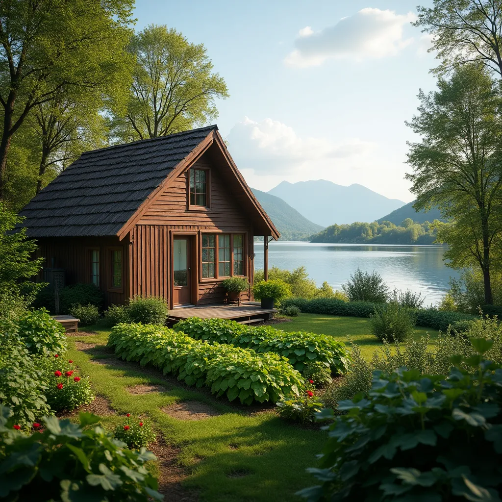 Charming small cabin near the lake surrounded by lush greenery and vibrant flowers, offering serene and picturesque design ideas for a peaceful retreat.