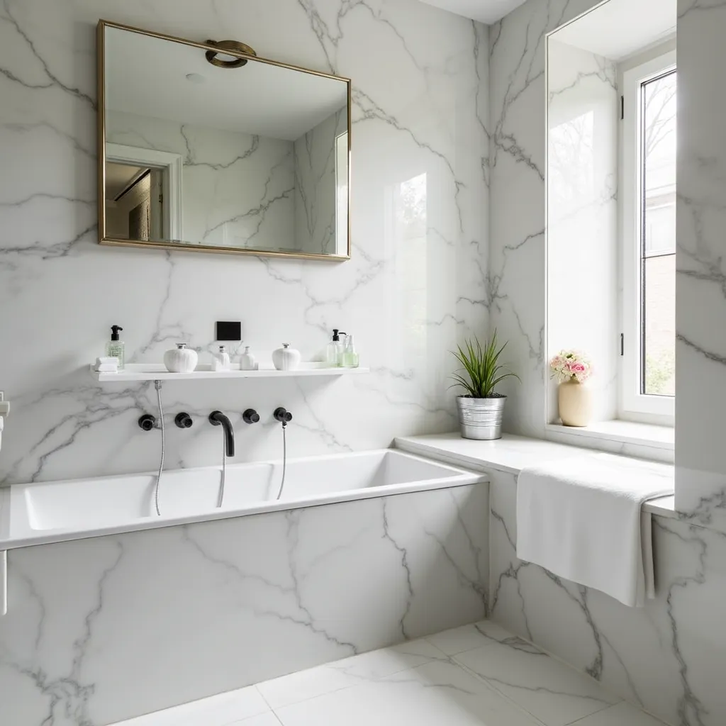 Modern bathroom featuring elegant marble tiles, showcasing luxurious bathroom tile ideas with a sleek bathtub, large mirror, and natural light from a nearby window, perfect for inspiring contemporary home designs.