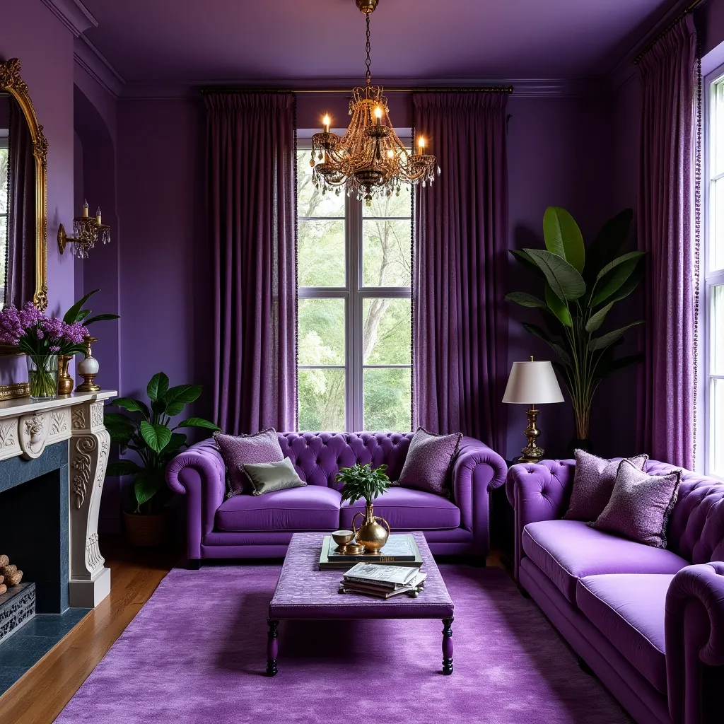 Luxurious purple living room featuring elegant tufted sofas, a plush purple rug, and a grand chandelier, complemented by lush green plants and a classic fireplace, creating a sophisticated and inviting atmosphere.