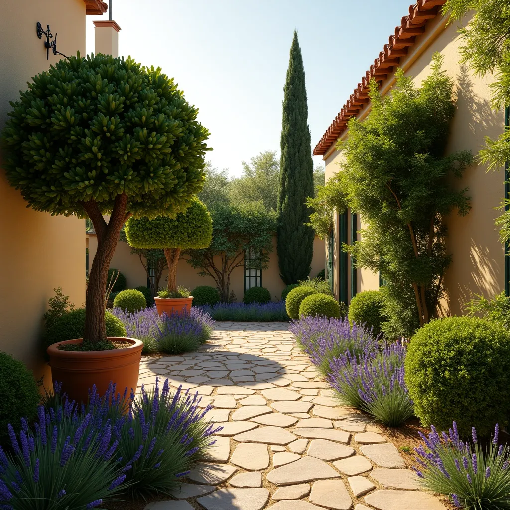 A beautifully designed garden pathway featuring sculptural trees and shrubs, with neatly trimmed topiaries and vibrant lavender borders, showcasing innovative garden ideas for a serene outdoor space.