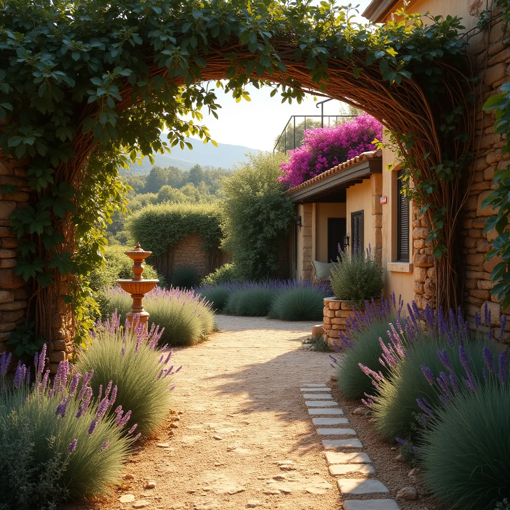 Charming garden pathway ideas featuring a rustic stone path lined with lush lavender bushes, leading to a cozy house with a vine-covered archway and vibrant bougainvillea, perfect for enhancing outdoor spaces with natural beauty.