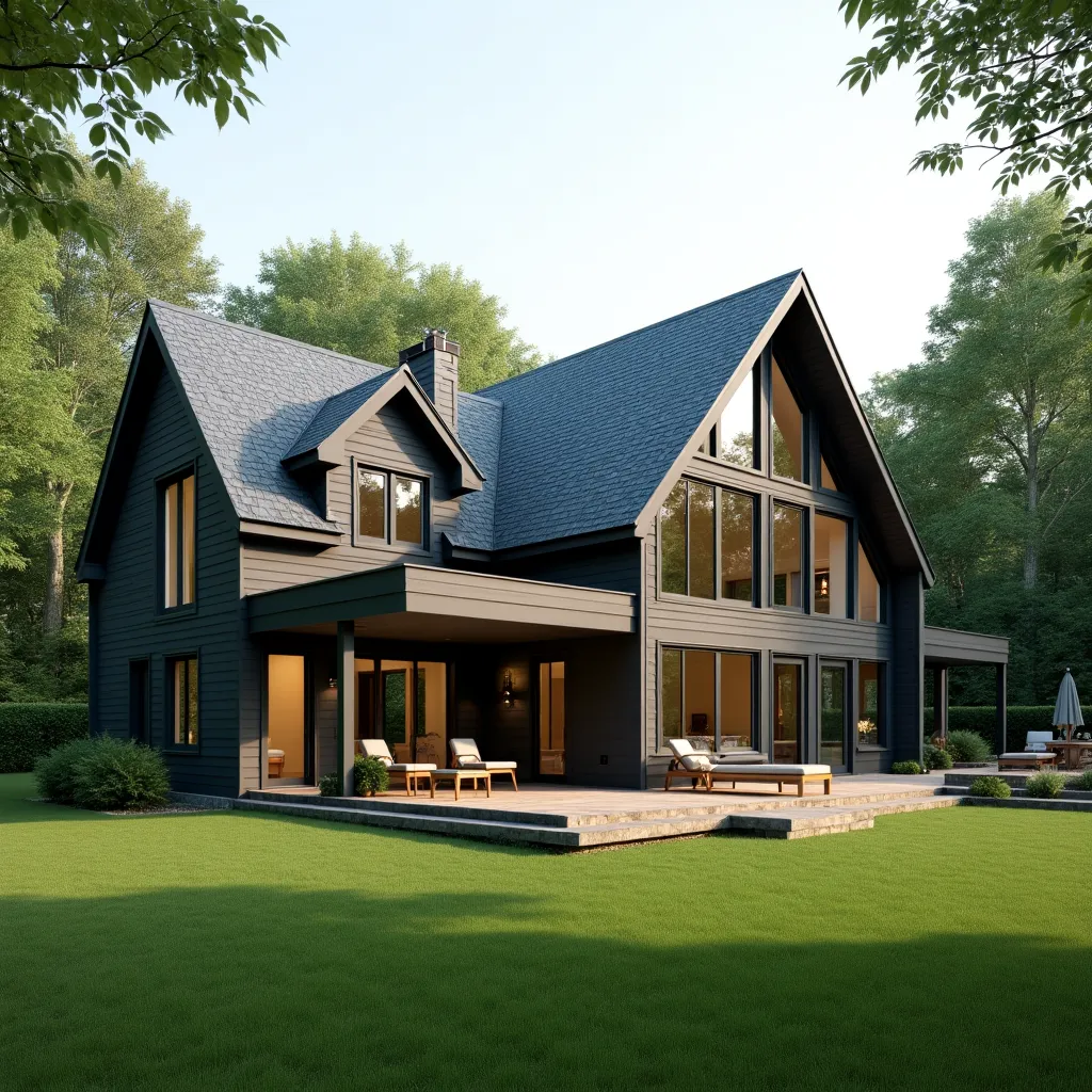 Modern forest green house with large windows and a spacious patio, surrounded by lush greenery, showcasing innovative forest green house ideas for sustainable living and elegant design.