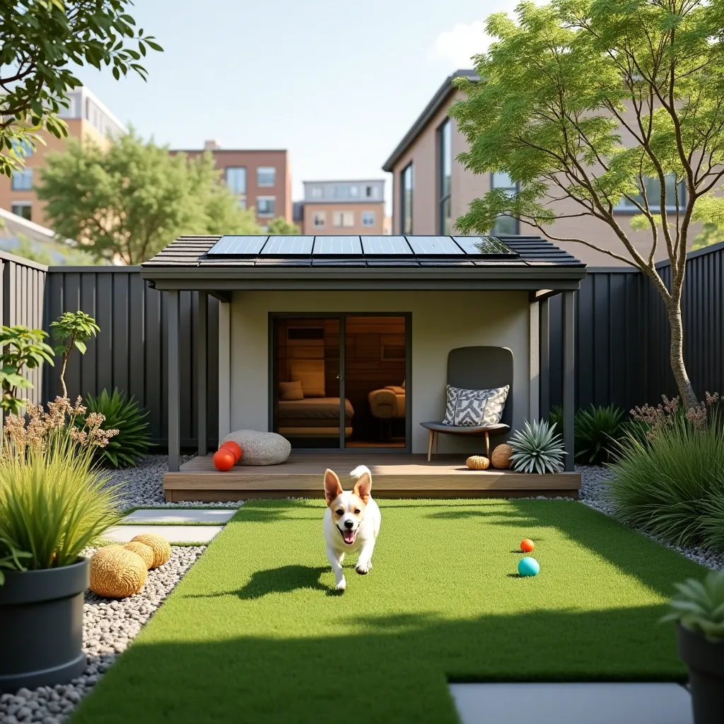 A beautifully designed dog-friendly garden area featuring a small modern dog house, lush green artificial turf, and playful dog toys, perfect for inspiring dog area garden ideas in urban settings.