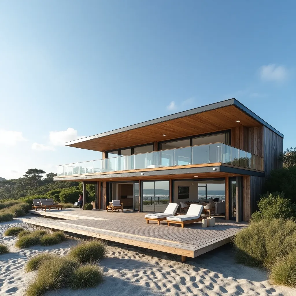 A stunning modern beach house with sleek wooden architecture and expansive glass windows, offering breathtaking ocean views and a spacious deck for relaxation, exemplifying contemporary coastal living and innovative modern beach house ideas.