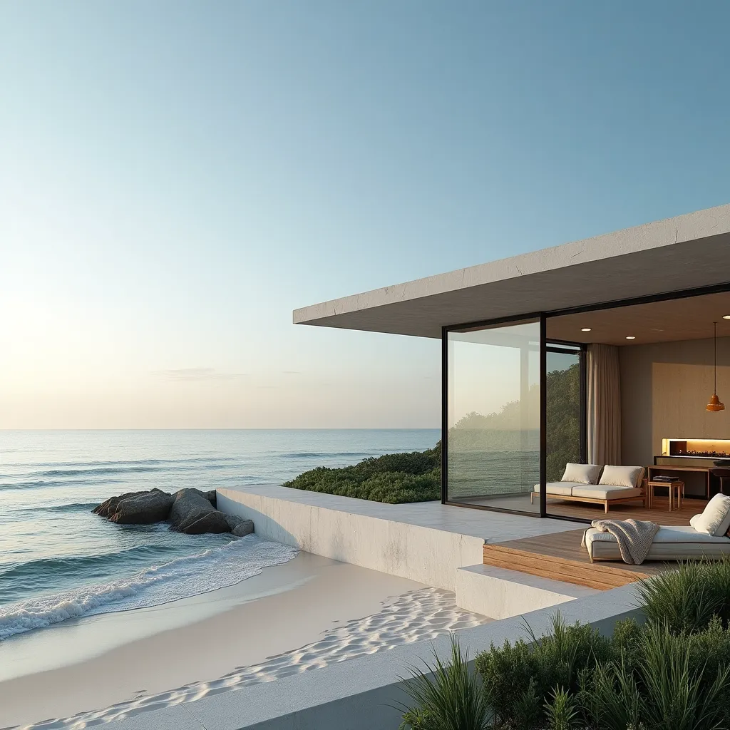 Modern glass house exterior overlooking a serene ocean view, featuring sleek architectural design and open living spaces, perfect for inspiring glass house exterior ideas.