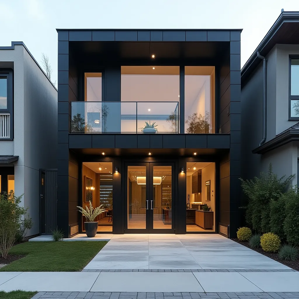 Modern home showcasing industrial chic exteriors ideas with sleek black paneling, large glass windows, and minimalist landscaping, creating a stylish and contemporary facade.