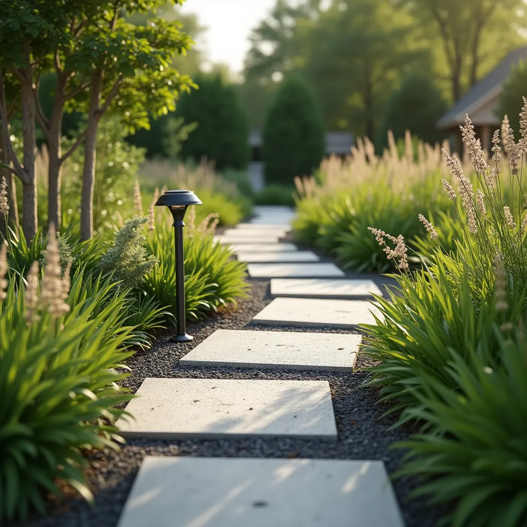 A beautifully designed garden path with mixed materials ideas, featuring large stone slabs set in gravel, bordered by lush green plants and illuminated by stylish outdoor lighting, creating a serene and inviting outdoor space.