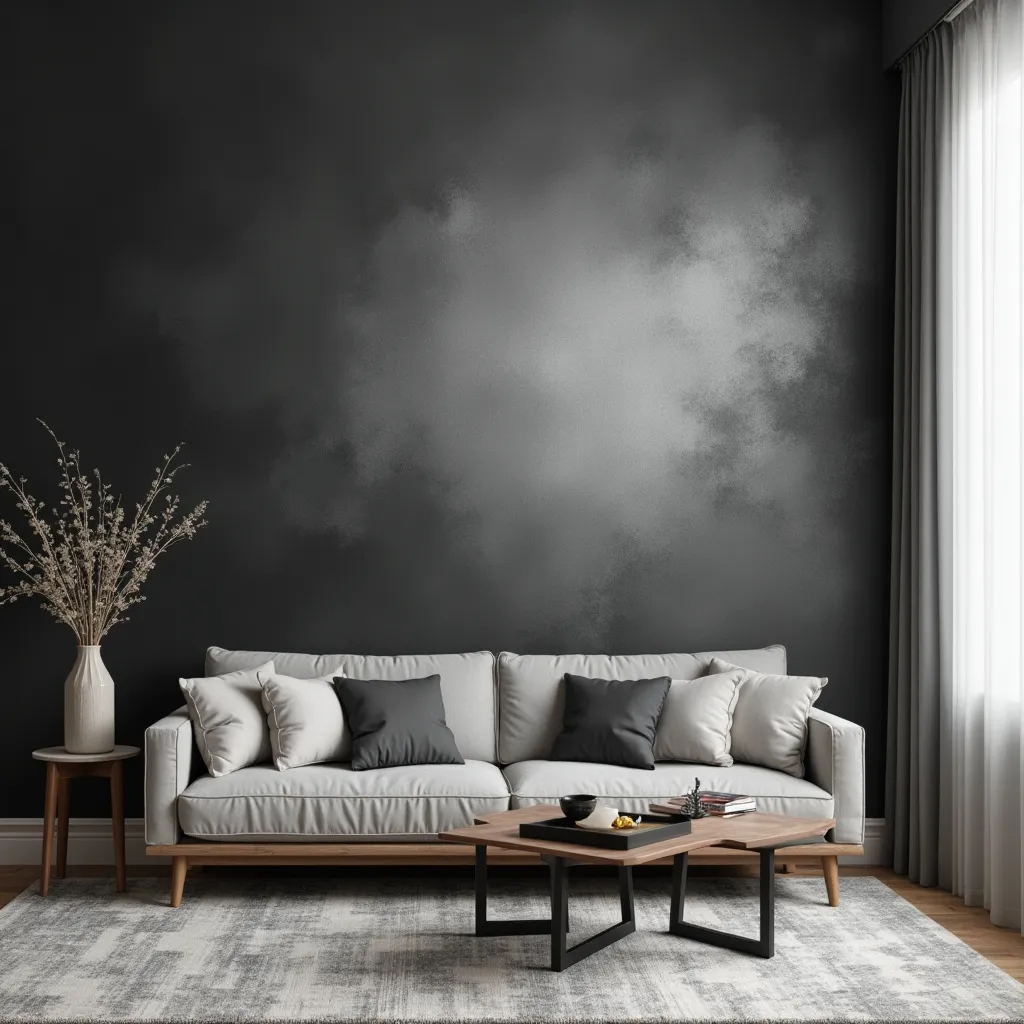 Modern living room featuring a stylish grey sofa with black and silver accent pillows, complemented by a sleek wooden coffee table and a textured rug, perfect for grey, black, and silver living room ideas.