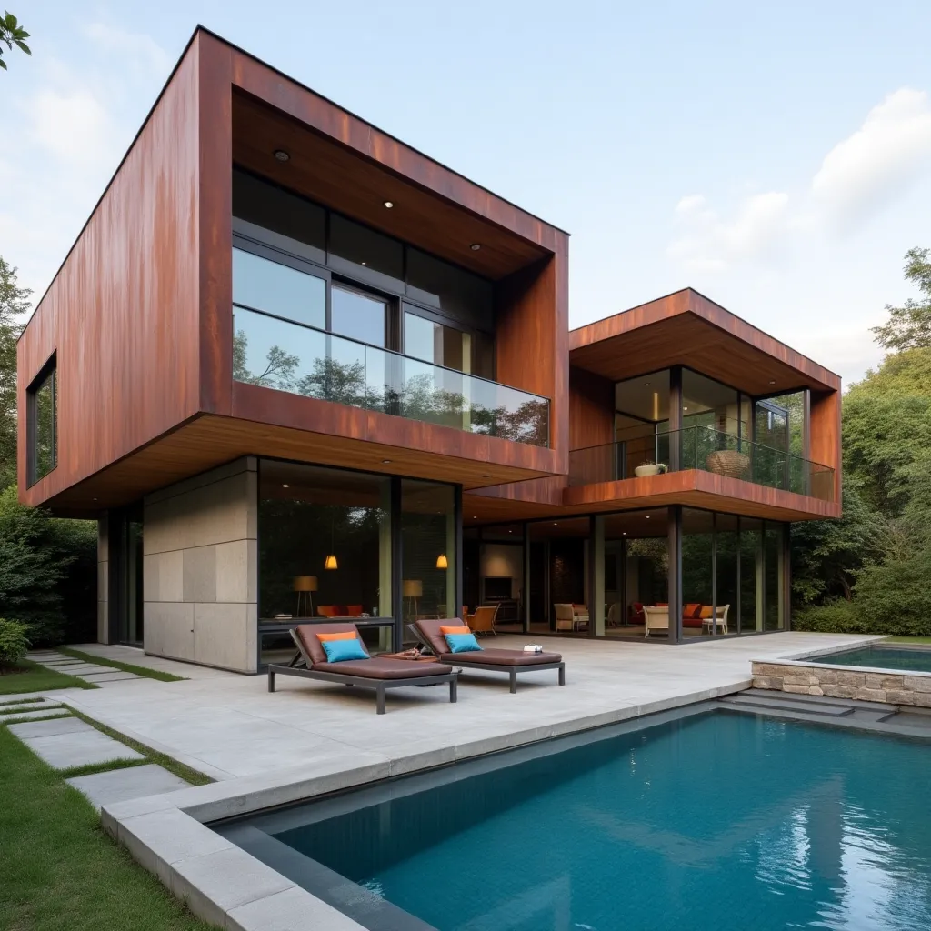 Modern home exterior featuring corten steel accents, showcasing innovative design ideas with a sleek poolside patio and large glass windows, perfect for contemporary architecture enthusiasts seeking corten steel accents exterior ideas.