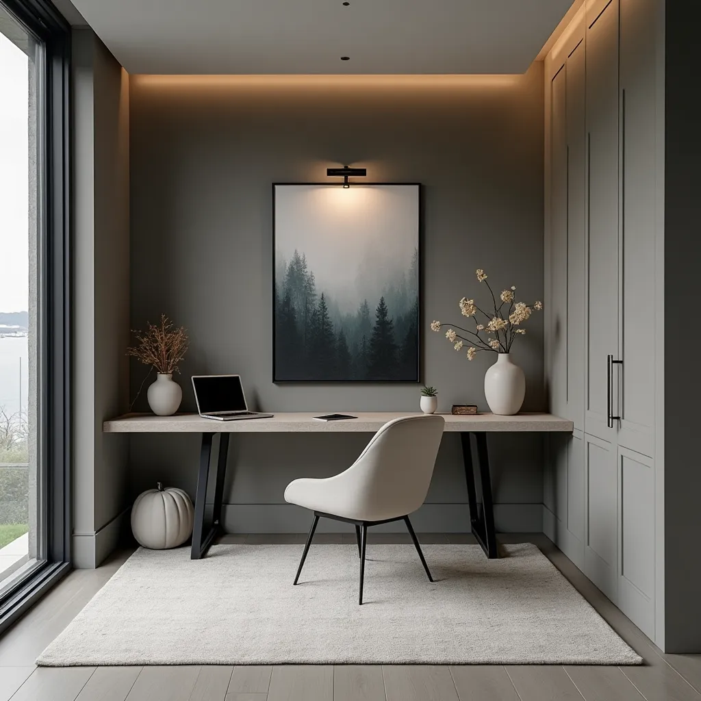 Modern grey home office featuring sleek design elements, including a minimalist desk with a laptop, elegant white chair, and stylish decor. The room is accented by a large window providing natural light, a calming forest artwork, and built-in storage, embodying contemporary home office ideas.