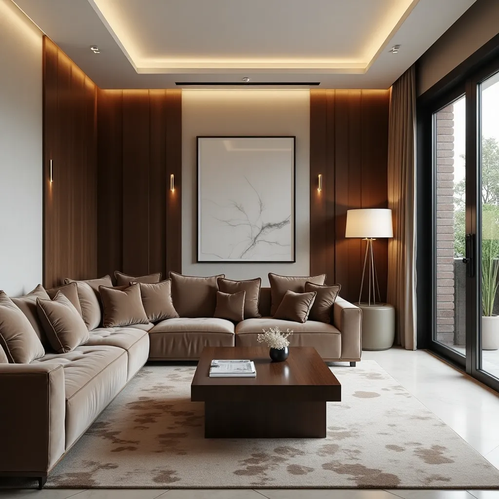 Modern brown and white living room featuring a plush sectional sofa, elegant wooden coffee table, and ambient lighting, creating a cozy and sophisticated atmosphere.