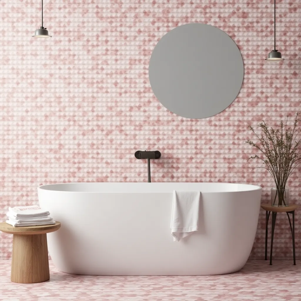 Modern bathroom featuring a sleek white freestanding tub against a backdrop of pink geometric tiles, showcasing contemporary tile design ideas.