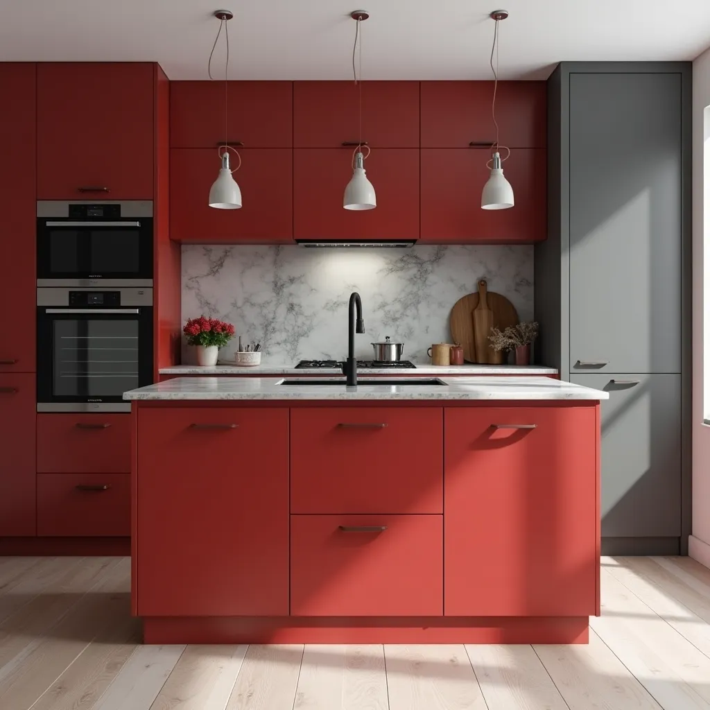 Modern kitchen design featuring sleek red and grey cabinets, showcasing innovative red and grey kitchen cabinets ideas with a stylish marble backsplash and contemporary lighting.