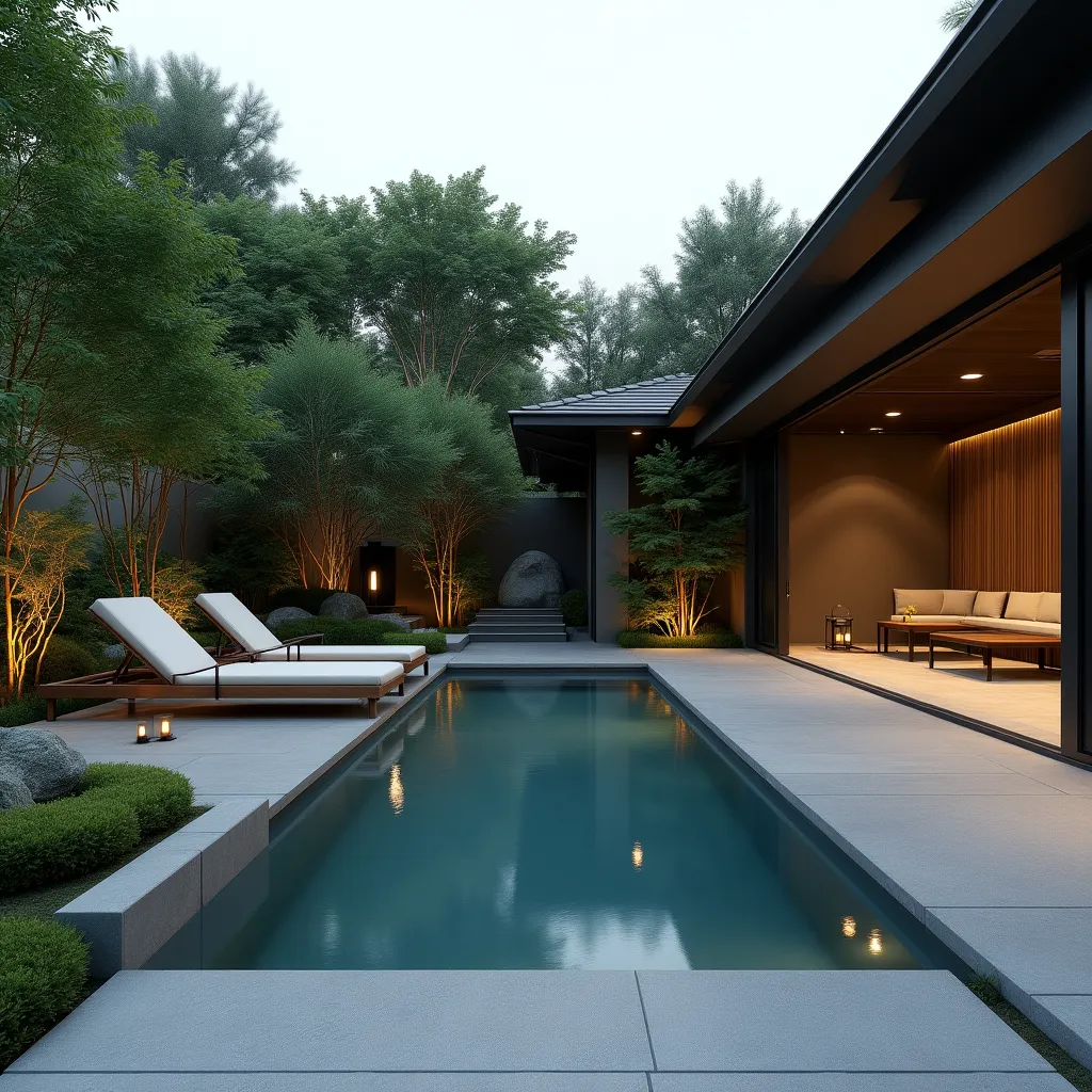 Modern pool lounge area featuring sleek lounge chairs beside a serene pool, surrounded by lush greenery and ambient lighting, perfect for inspiring pool lounge ideas.