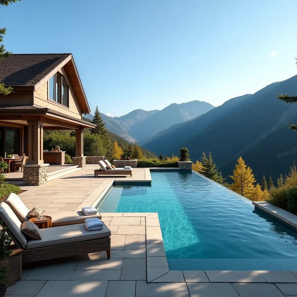 Luxurious mountain style exterior ideas featuring a stunning infinity pool overlooking breathtaking mountain views, complemented by a rustic wooden house with stone accents and a spacious patio for ultimate relaxation.