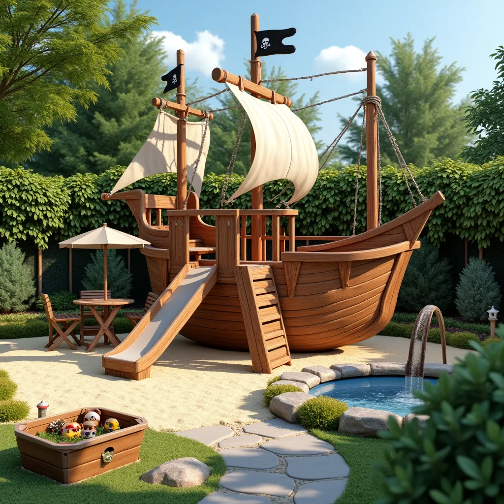 Wooden pirate ship playground in a lush garden setting, featuring a slide, sandbox, and small pool, perfect for creative garden playground ideas.