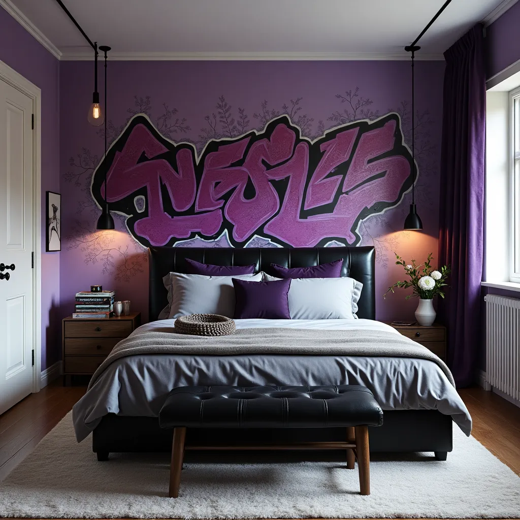 Modern bedroom design featuring a striking purple and black color scheme, with graffiti-style wall art, plush bedding, and stylish lighting, perfect for those seeking unique bedroom ideas in purple and black.