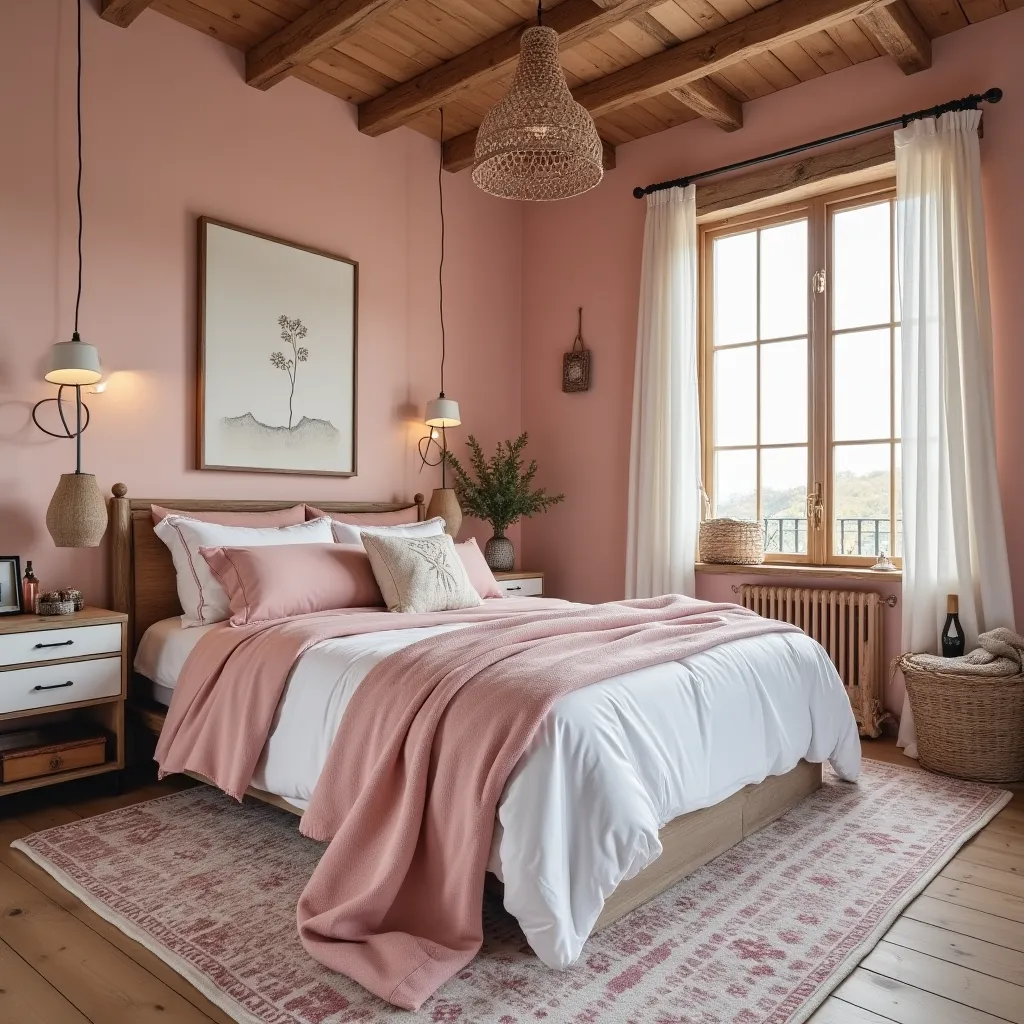 Rustic pink bohemian bedroom featuring a cozy wooden bed with pink and white bedding, a woven pendant light, and natural wood accents. The room is adorned with boho-chic decor, including a framed wall art, wicker baskets, and a patterned rug, creating a warm and inviting atmosphere.