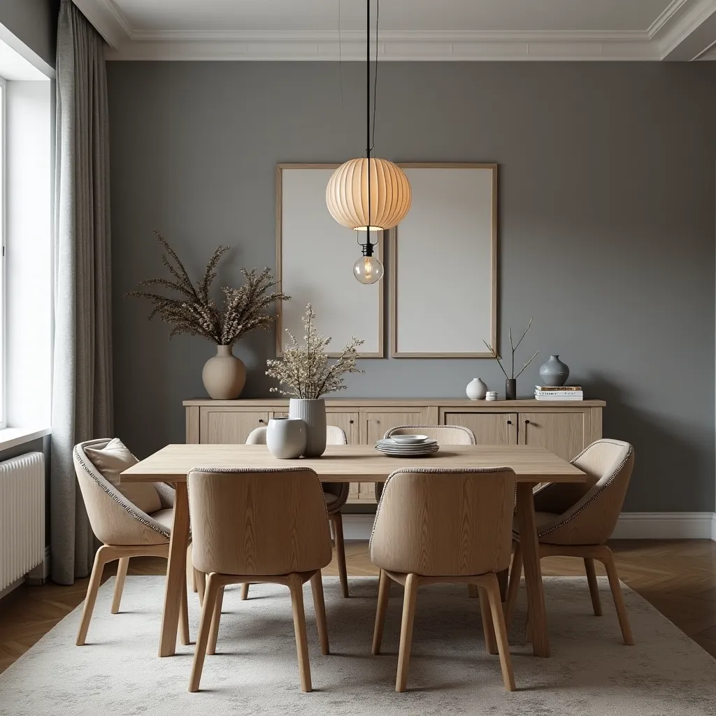 Modern grey dining room featuring a sleek wooden table and chairs, complemented by minimalist decor and a stylish pendant light, creating a cozy and elegant atmosphere.