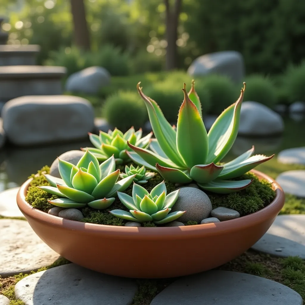 A beautifully arranged succulent garden in a terracotta bowl, showcasing creative succulent plant design ideas with lush greenery and smooth stones, set against a serene outdoor backdrop.