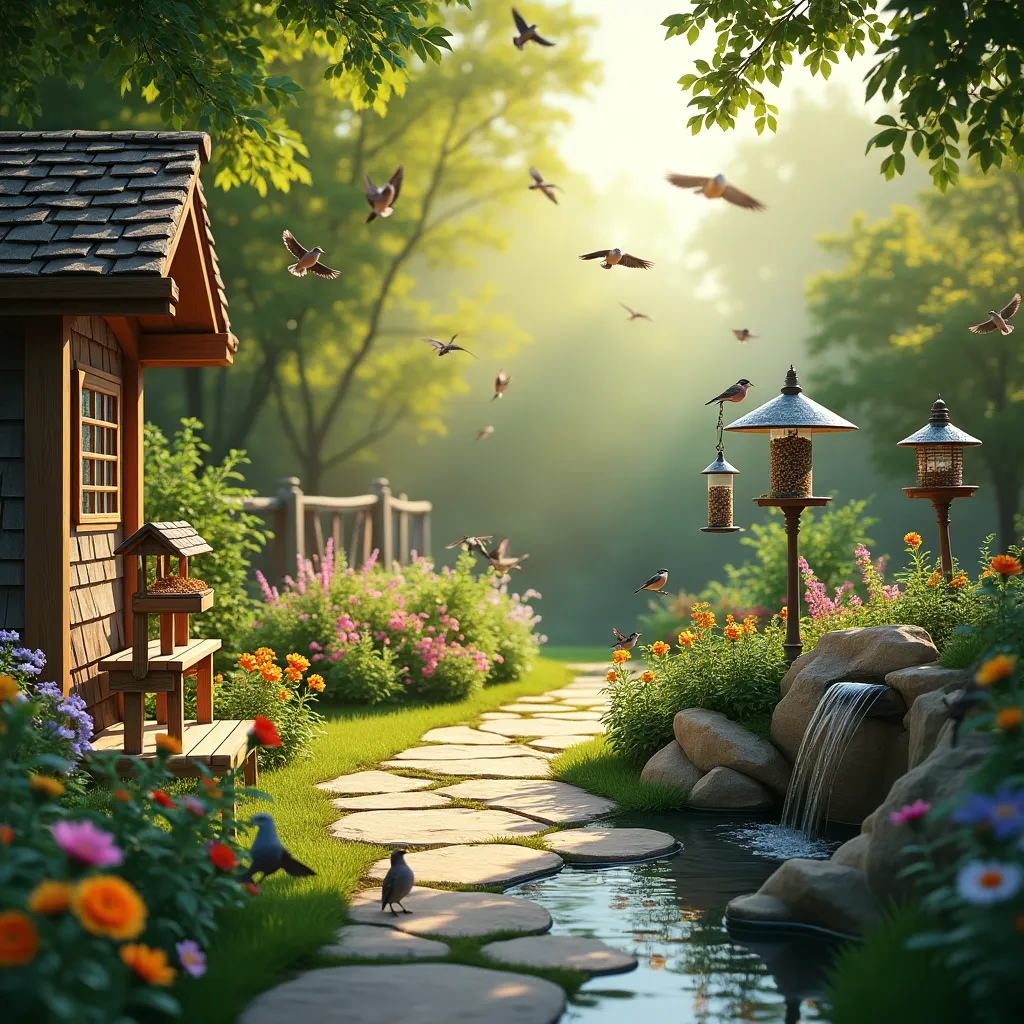 A serene bird watching garden featuring a charming wooden birdhouse, multiple bird feeders, and a stone pathway surrounded by vibrant flowers and lush greenery, perfect for bird watching garden ideas.