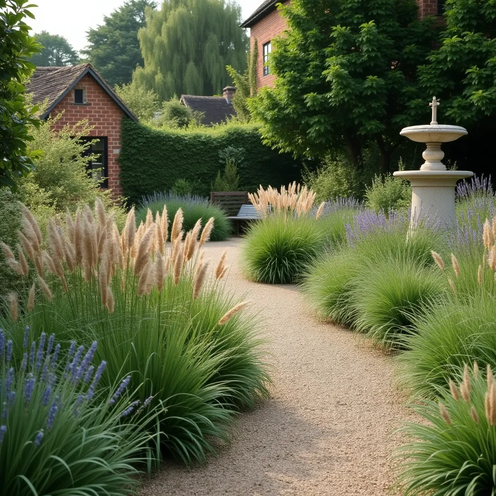 A beautifully landscaped garden path featuring lush ornamental grasses, lavender, and a classic stone fountain, showcasing elegant ornamental grass garden ideas for a serene outdoor space.