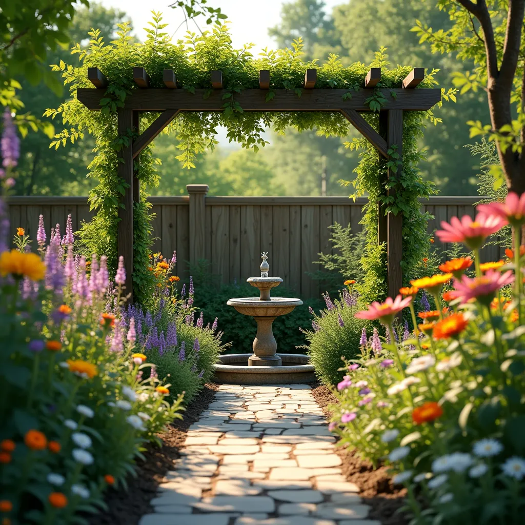 A beautifully designed pollinator garden featuring a stone pathway leading to a central fountain, surrounded by vibrant flowers and lush greenery under a wooden pergola, perfect for inspiring pollinator garden ideas.