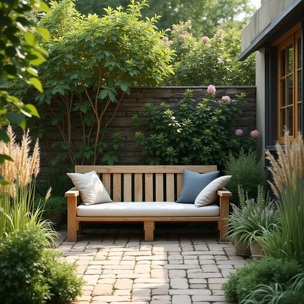 Wood palette garden furniture ideas featuring a stylish wooden bench with comfortable cushions, set in a lush garden with vibrant greenery and blooming flowers, creating a serene outdoor seating area.