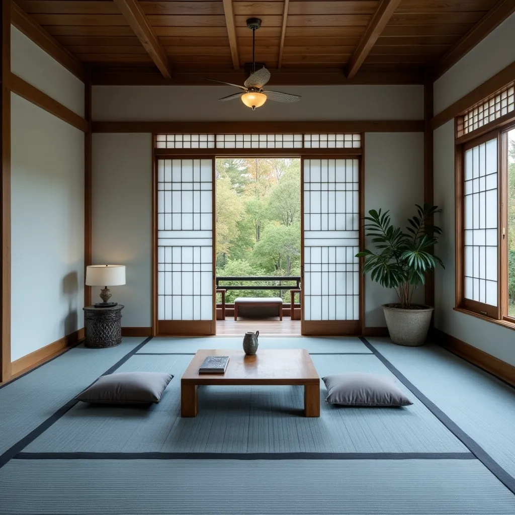 A serene sitting room featuring a minimalist design with blue and grey tones, showcasing a low wooden table, floor cushions, and shoji screens, perfect for blue and grey sitting room ideas.