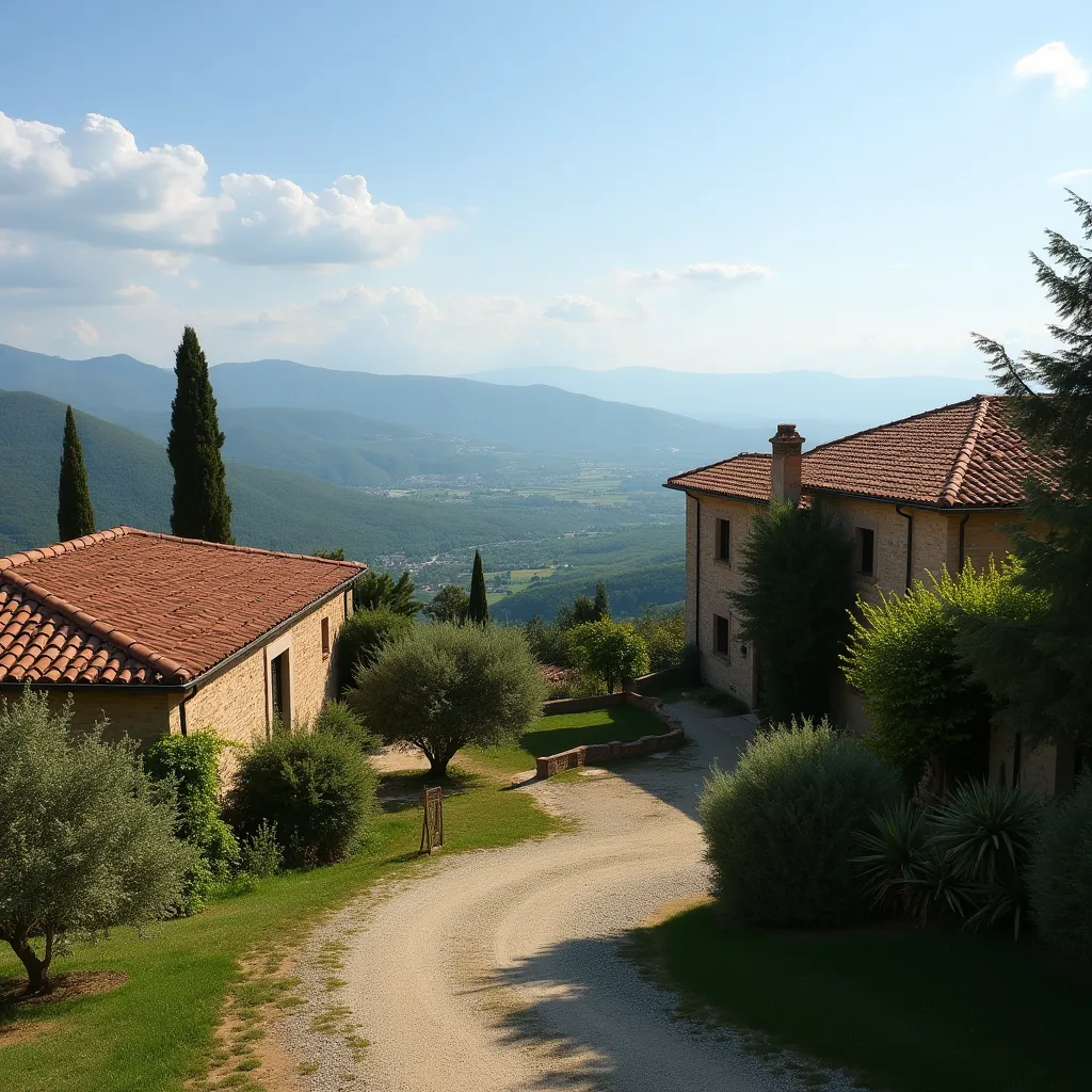 Scenic view of a Tuscan villa exterior featuring rustic stone buildings with terracotta roofs, surrounded by lush greenery and overlooking a picturesque valley, perfect for inspiring Tuscan villa exterior ideas.