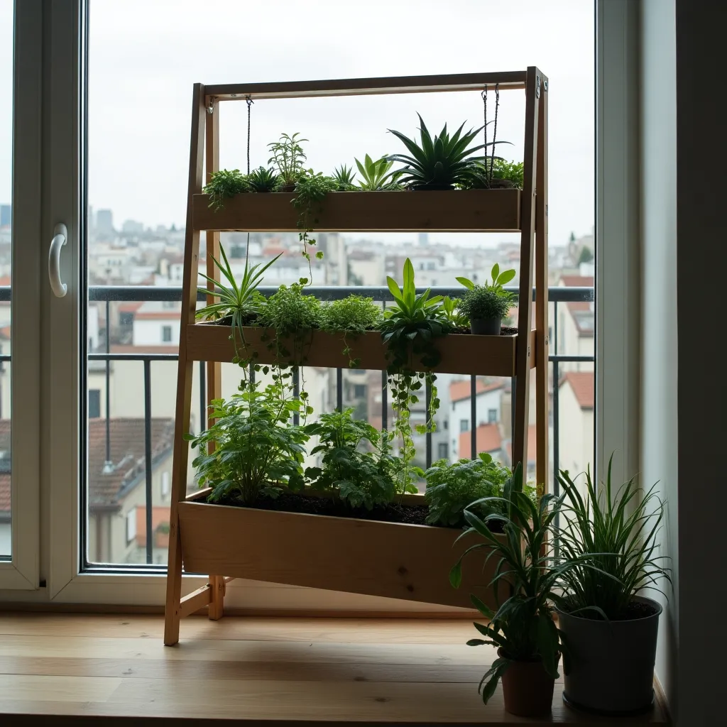 Indoor vertical greenhouse setup with multiple tiers of lush green plants, showcasing innovative vertical greenhouses ideas for maximizing space in urban apartments.