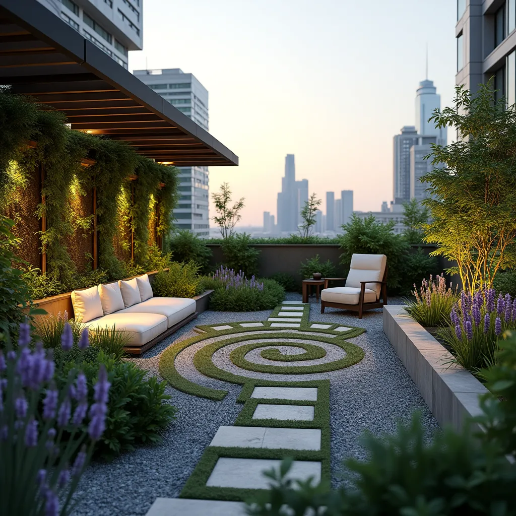 Urban rooftop garden featuring modern seating, lush greenery, and a stylish stone pathway, offering innovative urban rooftop garden ideas for maximizing outdoor space in city environments.