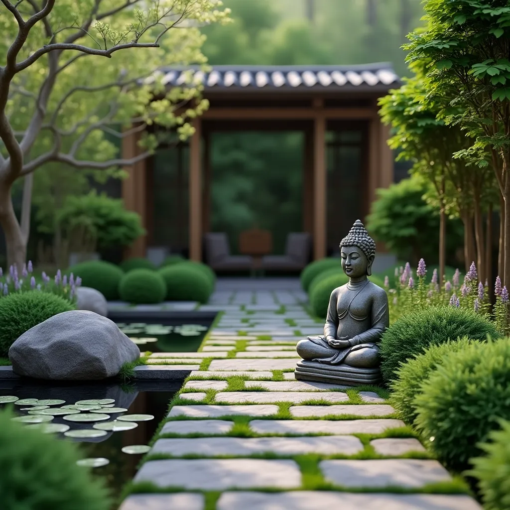 Serene feng shui garden featuring a Buddha statue, lush greenery, and a tranquil stone pathway leading to a peaceful retreat, perfect for inspiring feng shui garden ideas.